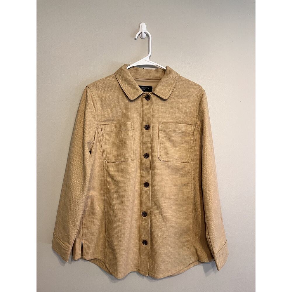 Talbots Tan Shirt Jacket Button Up Shacket Pockets Texture Petite Medium